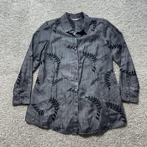 Soft Surroundings Womens Small Gray Leaf-Patterned Button-Down Tunic Top - Picture 2 of 8